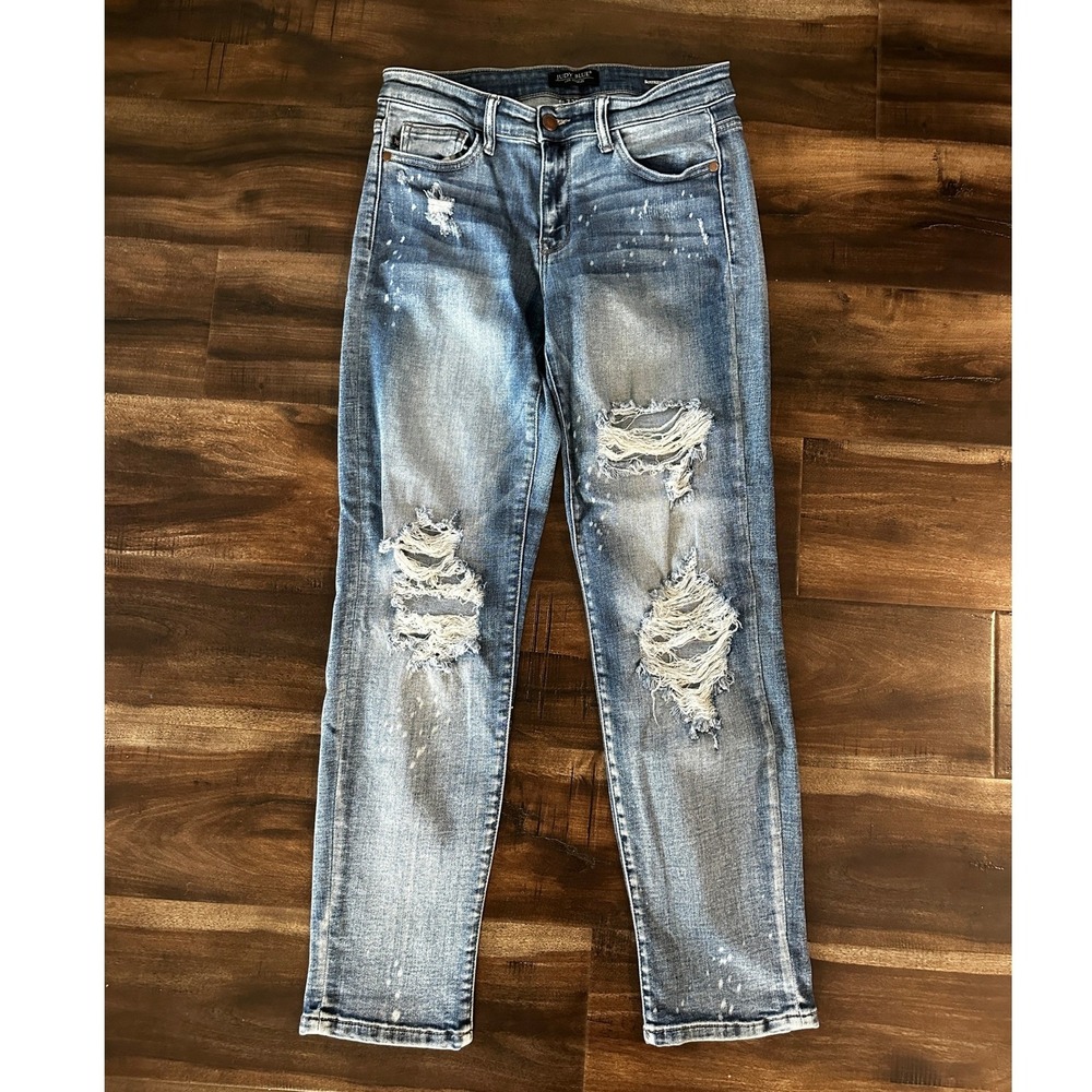 Judy Blue Boyfriend Distressed Paint Splatter Jeans Medium Wash 7/28 JB82169LT